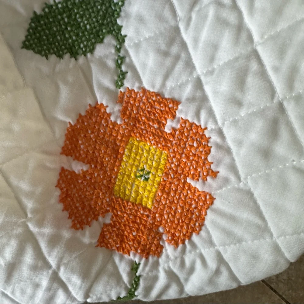 Vintage Lovebirds Needlepoint Quilt Folk Art Heart‎ Floral Bedspread Queen XL